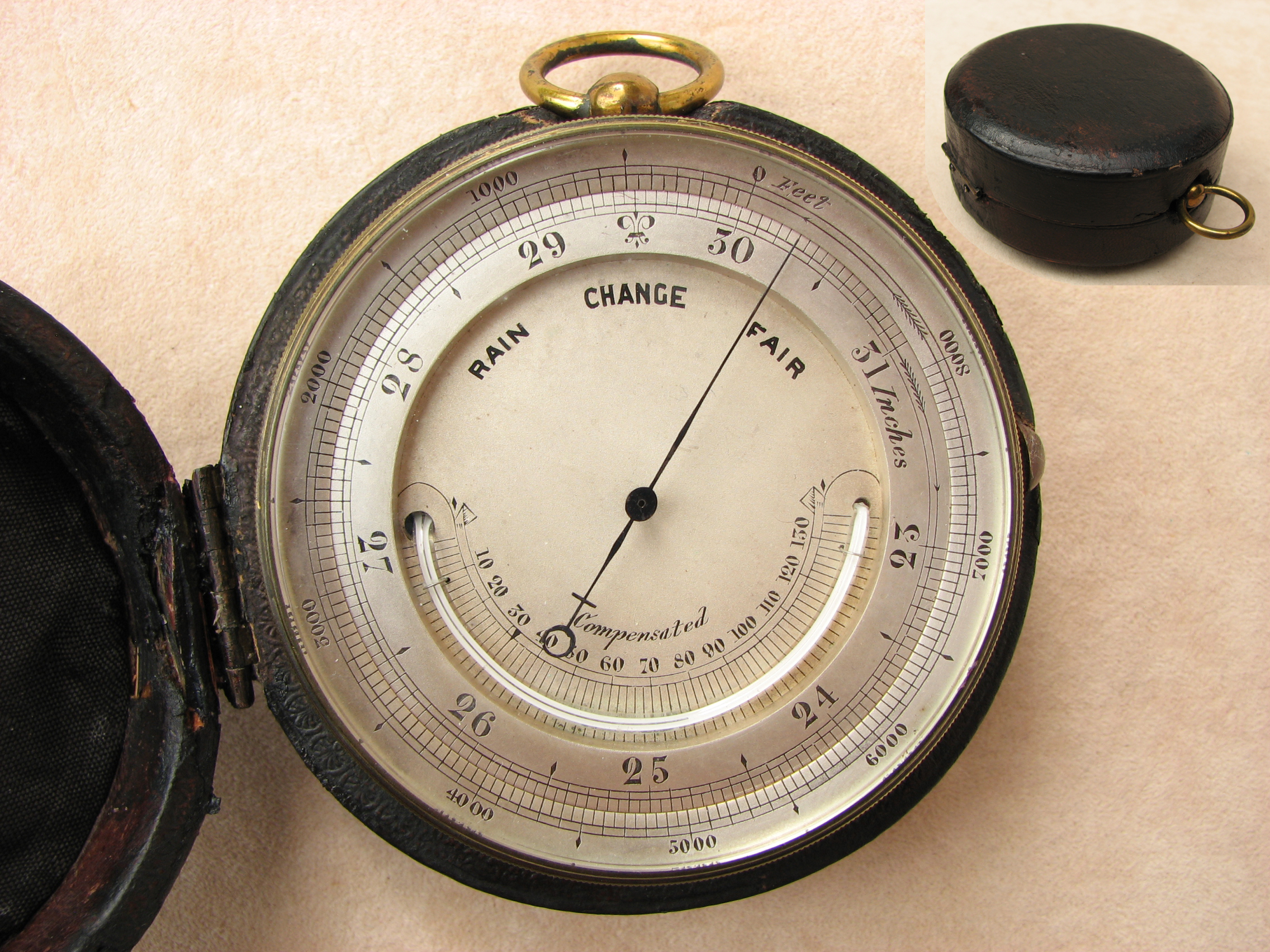 19th century pocket barometer with curved thermometer in case